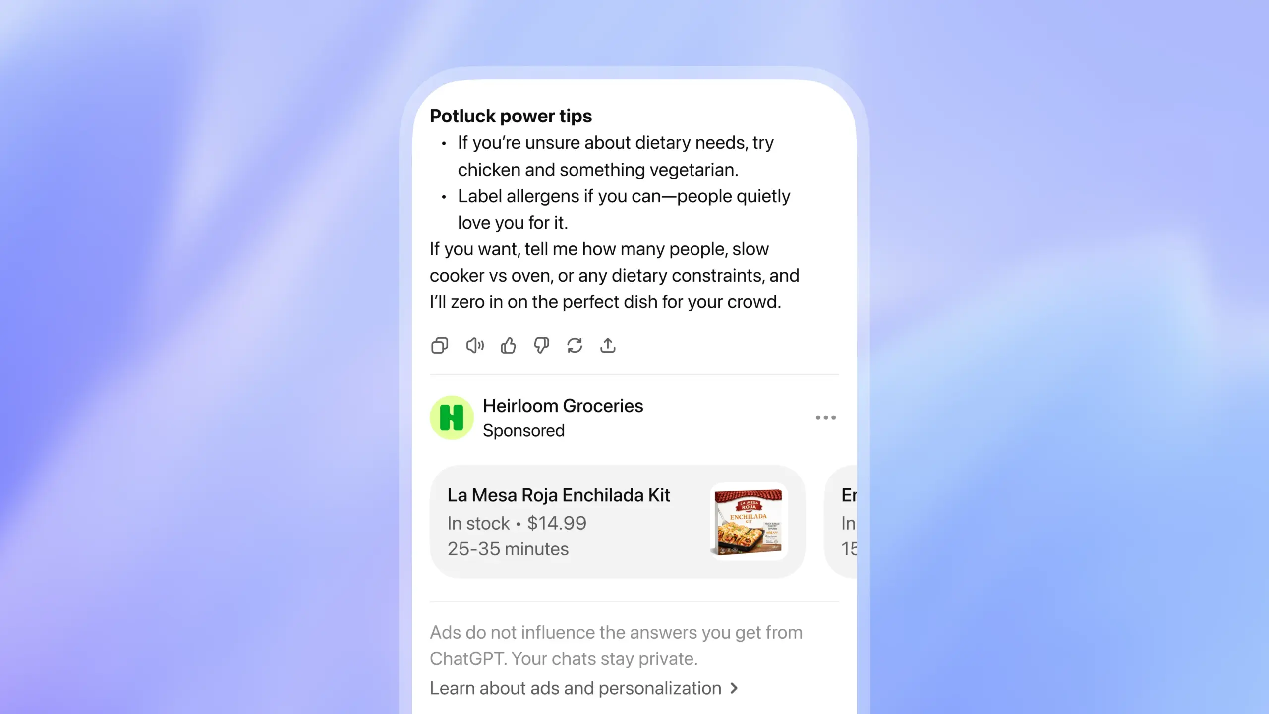Chat interface showing potluck planning tips followed by a clearly labeled sponsored listing from Heirloom Groceries featuring a La Mesa Roja Enchilada Kit with price and cook time, plus a note stating that ads do not influence ChatGPT’s answers and chats remain private.